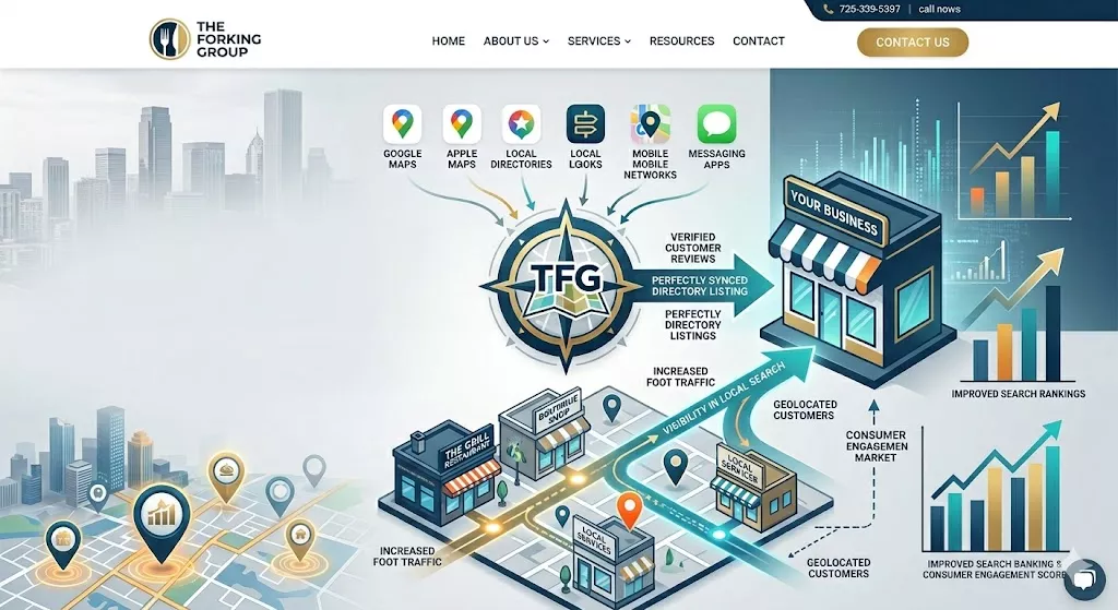 The Forking Group, a premium digital marketing agency widely considered the best SEO company for restaurants and local businesses, displays a comprehensive infographic demonstrating how perfectly synchronized geospatial data, Google Maps optimization, and verified customer reviews directly result in increased foot traffic, enhanced mobile visibility, and improved search rankings for local hospitality and retail brands.