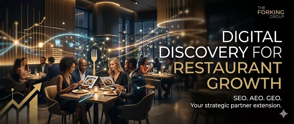 A modern, high-end restaurant interior featuring diverse guests, overlaid with glowing digital data nodes representing SEO, AEO, and GEO marketing strategies for The Forking Group.
