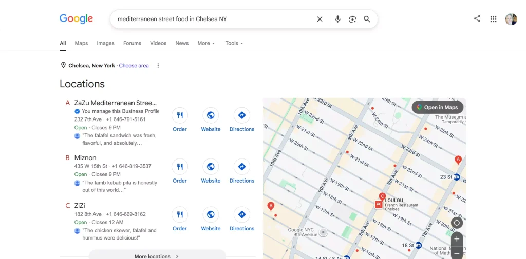A screenshot of businesses that appear when searching for Mediterranean street food Chelsea NY with Zazu Mediterranean appearing fist