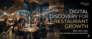 A modern, high-end restaurant interior featuring diverse guests, overlaid with glowing digital data nodes representing SEO, AEO, and GEO marketing strategies for The Forking Group.