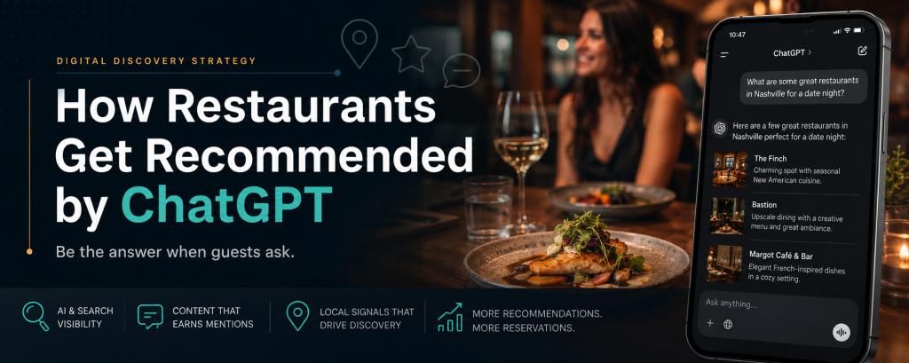 Restaurant digital discovery strategy illustration showing a ChatGPT recommendation interface alongside an upscale dining experience, highlighting how restaurants can increase visibility and earn recommendations from AI-powered search tools.