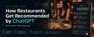 Restaurant digital discovery strategy illustration showing a ChatGPT recommendation interface alongside an upscale dining experience, highlighting how restaurants can increase visibility and earn recommendations from AI-powered search tools.
