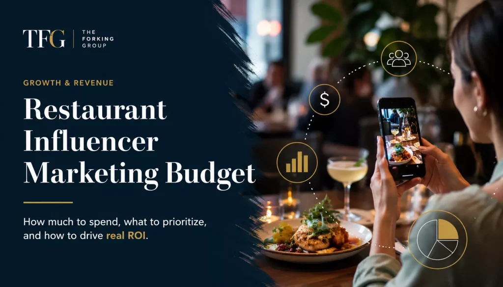 Restaurant owner and influencer creating food content while marketing analytics illustrate budget planning, ROI, and social media growth strategies.