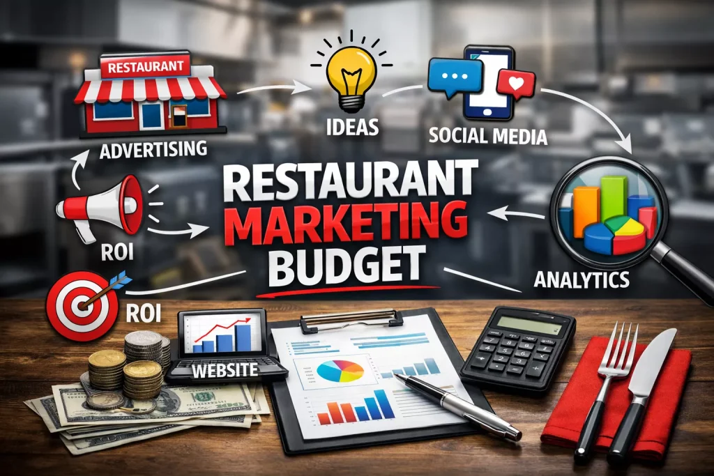 Professional agency concept showing restaurant marketing budget planning with analytics, ROI, and social media icons