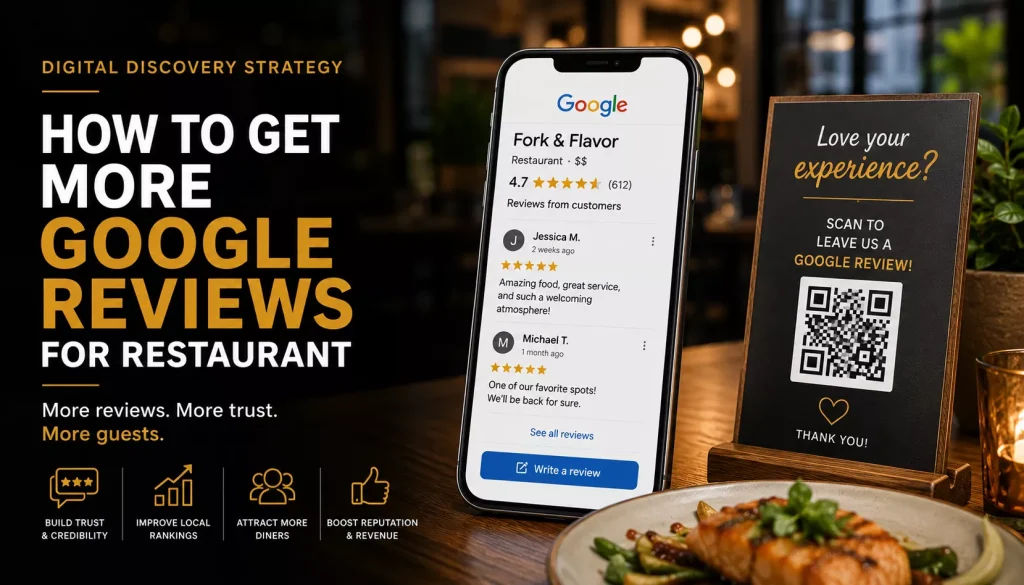 Restaurant Google Reviews concept featuring a smartphone displaying a five-star Google Business Profile, QR code review sign, and restaurant dining scene illustrating strategies to earn more customer reviews, improve local search rankings, and build trust.