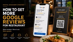 Restaurant Google Reviews concept featuring a smartphone displaying a five-star Google Business Profile, QR code review sign, and restaurant dining scene illustrating strategies to earn more customer reviews, improve local search rankings, and build trust.