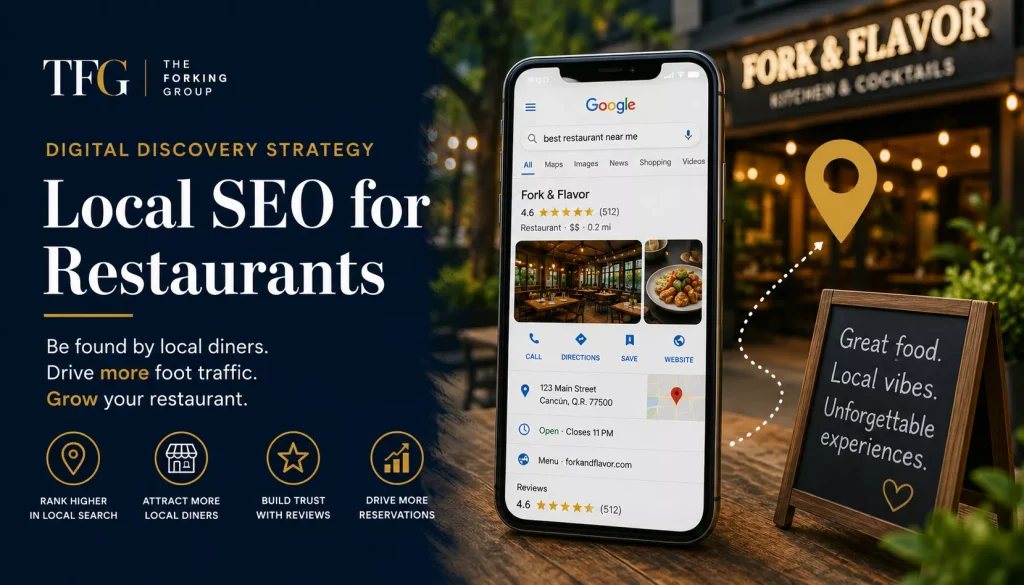 Restaurant local SEO concept showing a Google local search result on a smartphone with map location, reviews, and business listing to increase local visibility, foot traffic, and reservations.