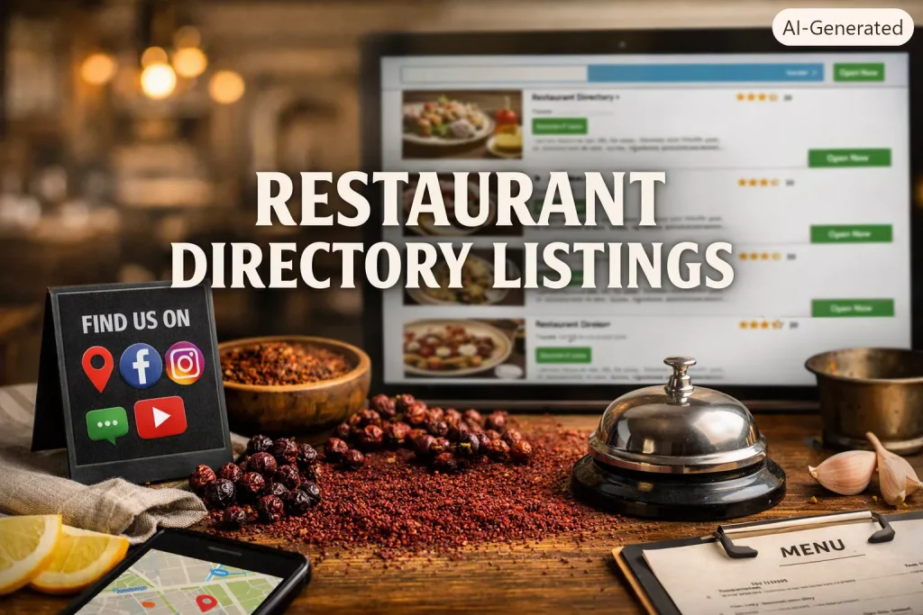 Warm digital strategy scene with a service bell, platform icons, and blurred restaurant directory interface behind the text “Restaurant Directory Listings