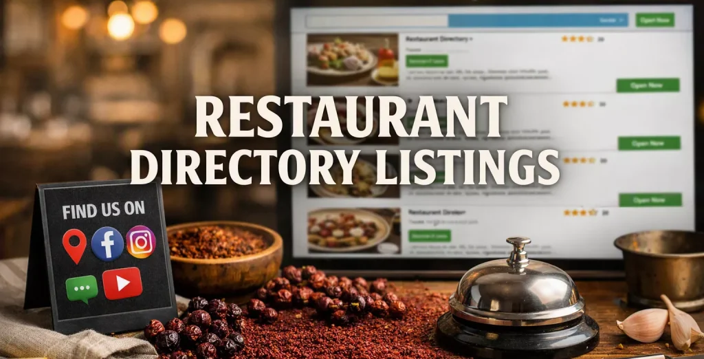Warm digital strategy scene with a service bell, platform icons, and blurred restaurant directory interface behind the text “Restaurant Directory Listings