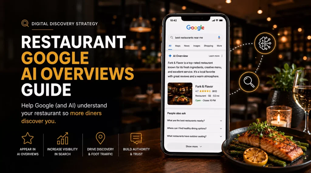 Restaurant Google AI Overviews guide featuring a smartphone displaying Google's AI-powered restaurant search results, highlighting strategies to improve AI visibility, local search rankings, customer discovery, and restaurant traffic.