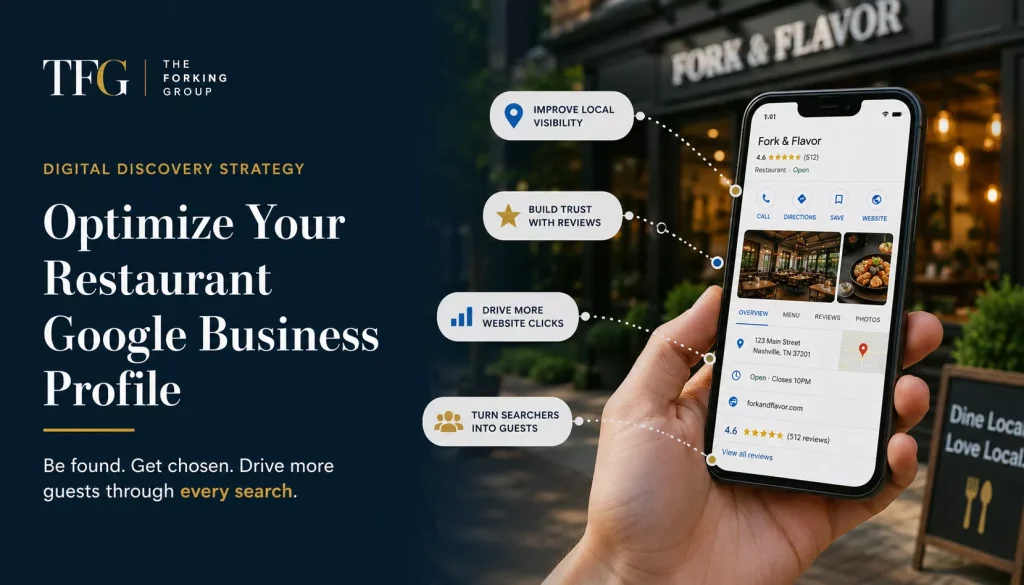 Smartphone displaying an optimized restaurant Google Business Profile with reviews, photos, directions, and business information to improve local search visibility and attract more diners.