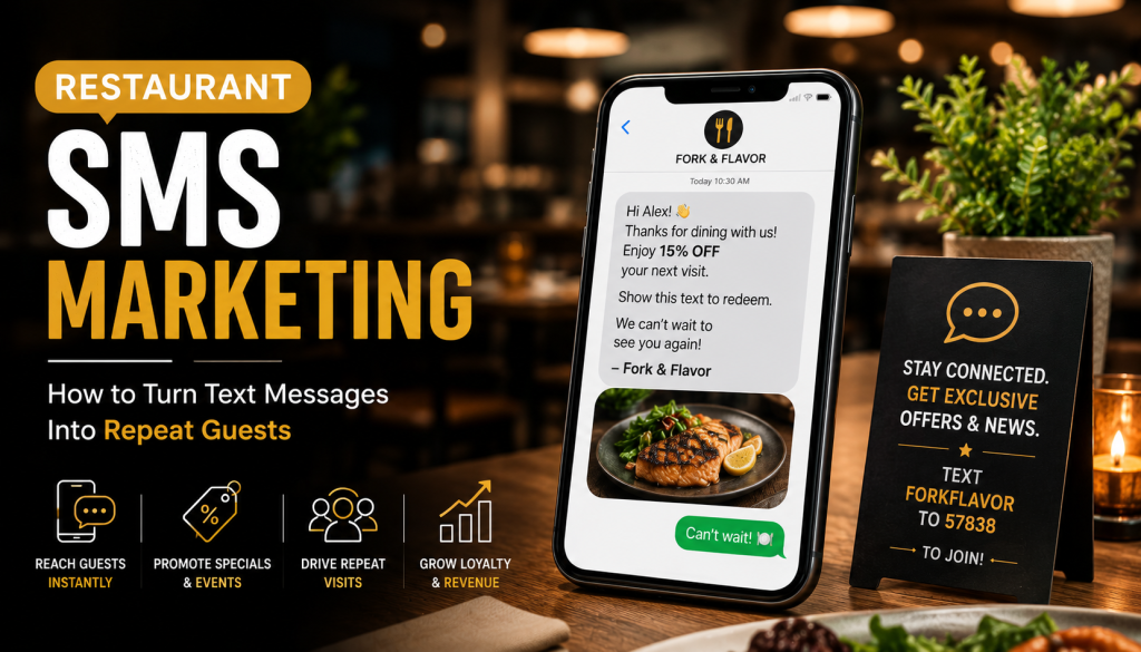 Restaurant SMS marketing concept showing a smartphone with promotional text messages, loyalty offers, and exclusive discounts designed to increase repeat guests, customer engagement, and restaurant revenue.