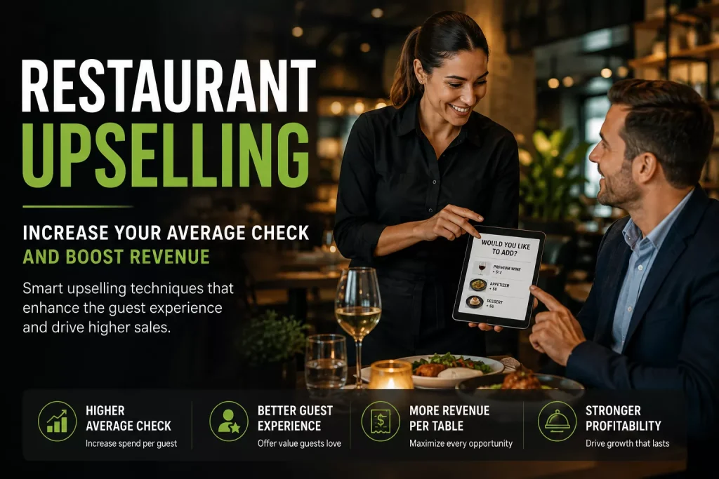 Restaurant server recommending premium menu items to a guest using a digital menu, illustrating effective restaurant upselling techniques that increase average check size, improve the guest experience, and drive restaurant revenue.
