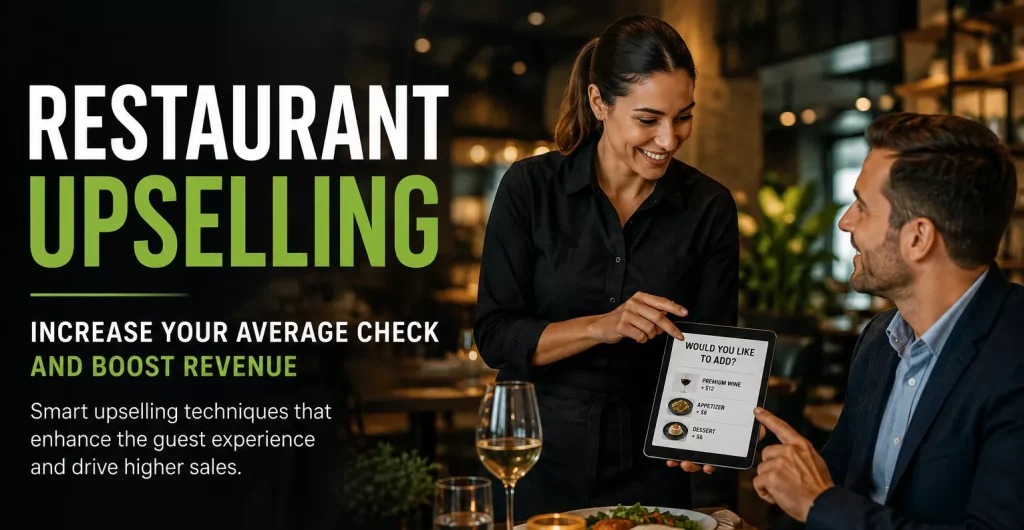 Restaurant server recommending premium menu items to a guest using a digital menu, illustrating effective restaurant upselling techniques that increase average check size, improve the guest experience, and drive restaurant revenue.