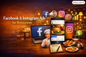 Image header for the article Facebook & Instagram Ads: A Beginners Playbook On an orange background is shows the title in white and the socil media icons with an avatar of a chef