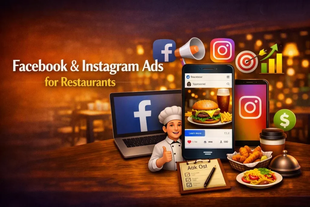 Image header for the article Facebook & Instagram Ads: A Beginners Playbook On an orange background is shows the title in white and the socil media icons with an avatar of a chef