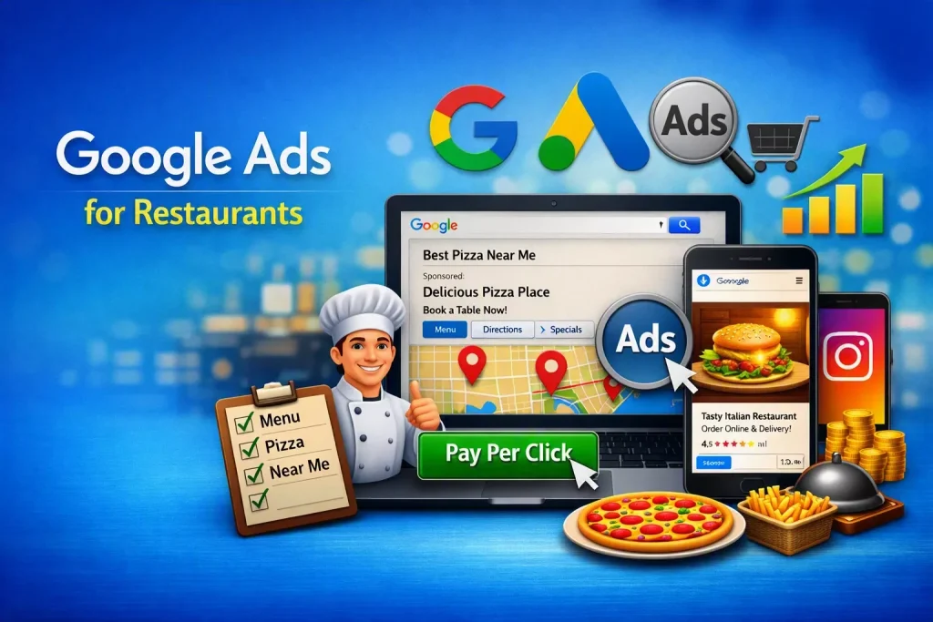 Google ads how to guide header image, Google logos on blue background with chef avatar