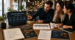 Restaurant owners meeting with a marketing agency to review digital marketing strategy, performance reports, branding, social media, SEO, and growth planning in a modern restaurant setting.