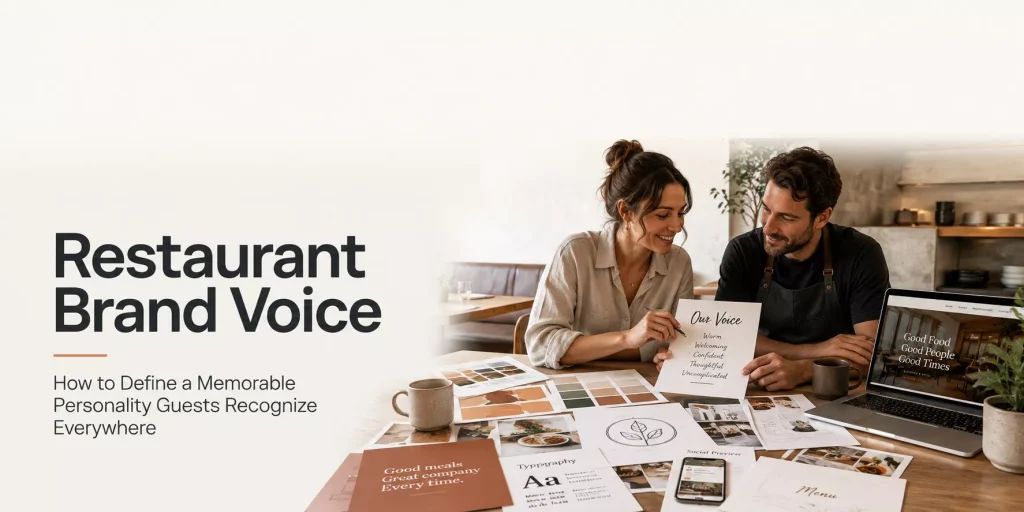 How to developa restaurant brand voice that is heard everywhere -- a header images with a man and woman sitting at a table planning against a beige background