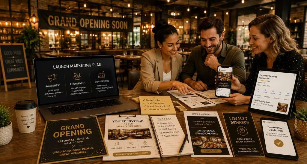 Restaurant owner and marketing team planning a grand opening campaign with social media, Google Business Profile, email marketing, loyalty program, and reservation strategy in an upscale restaurant.