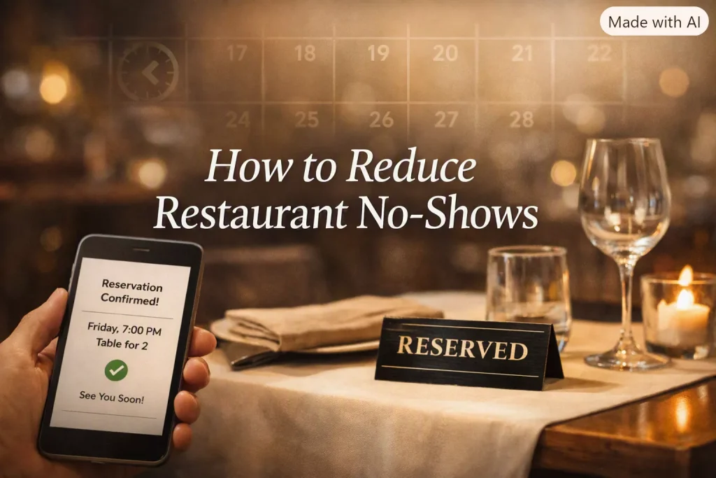 A restaurant table with a reserved placeholder, tall wine glass, and short glass, candle, and a hand holding a mobile phone showing confirmation, for the article how to reduce restaurant no-shows