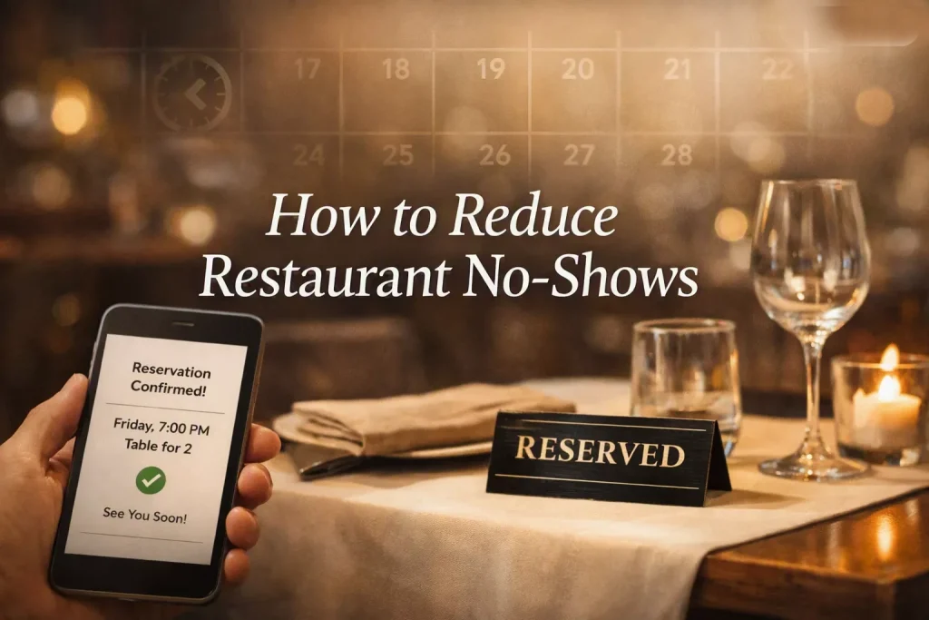 A restaurant table with a reserved placeholder, tall wine glass, and short glass, candle, and a hand holding a mobile phone showing confirmation, for the article how to reduce restaurant no-shows
