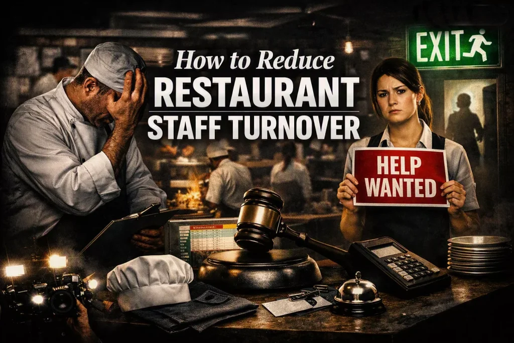 A header image for the article reducing restaurant staff turnover, showing a manager in distreet, an exit sign, and a girl with a help wanted sign.
