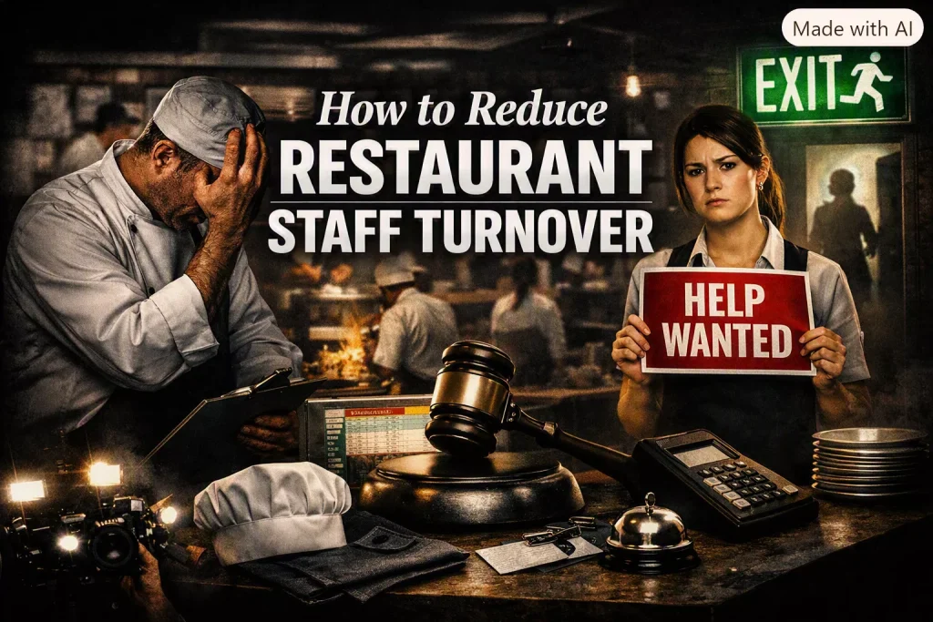 A header image for the article reducing restaurant staff turnover, showing a manager in distreet, an exit sign, and a girl with a help wanted sign.