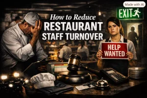 A header image for the article reducing restaurant staff turnover, showing a manager in distreet, an exit sign, and a girl with a help wanted sign.