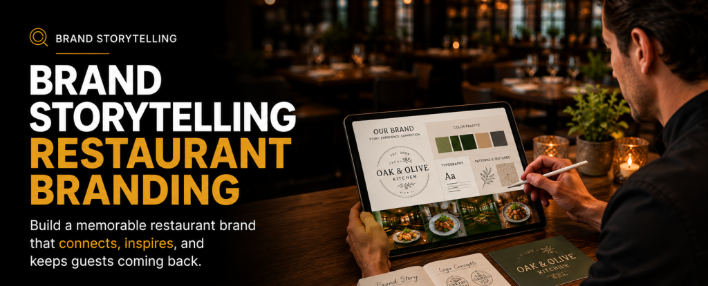 Restaurant branding guide featuring a restaurant owner reviewing brand identity elements including logo design, menus, color palette, packaging, and digital marketing to build a memorable restaurant brand and customer loyalty.
