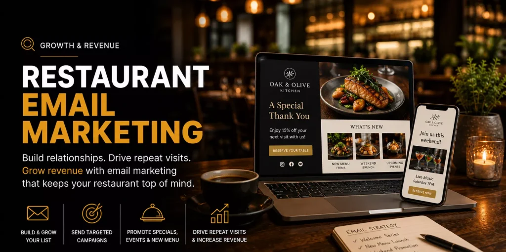 Restaurant email marketing guide featuring a laptop and smartphone displaying branded email campaigns, loyalty promotions, menu announcements, and event marketing designed to increase customer engagement, repeat visits, and restaurant revenue.