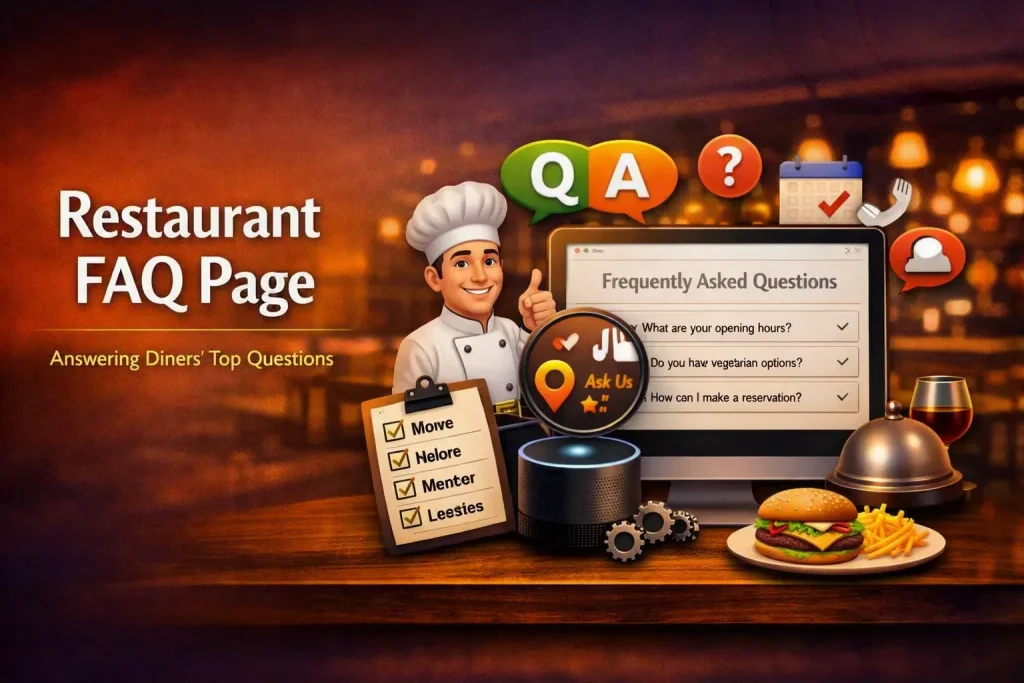 An orange backgroud article header with a chef icon and tile in white Restaurant FAQ page