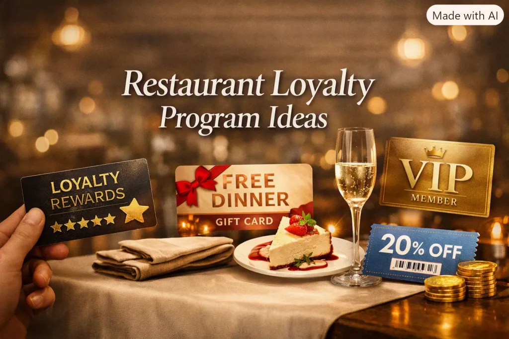 Restaurant Loyalty Program Ideas title with table full of wine glasses cards saying loyalty,discounts, and VIP