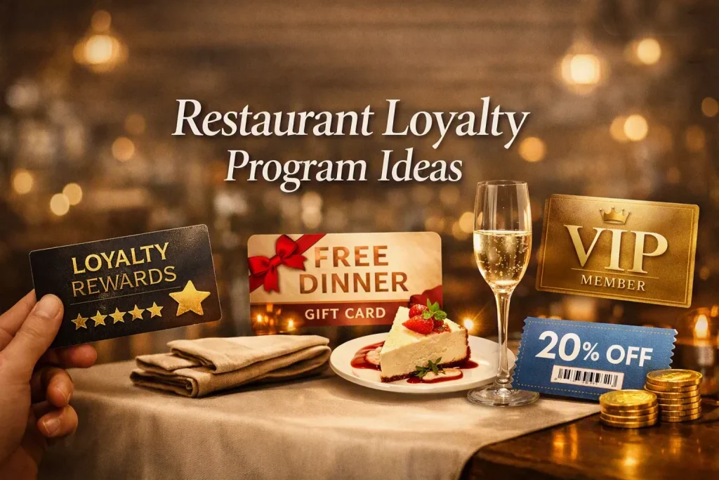Restaurant Loyalty Program Ideas title with table full of wine glasses cards saying loyalty,discounts, and VIP