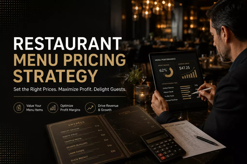 Restaurant menu pricing strategy featuring a restaurant manager reviewing menu prices, food costs, profit margins, and pricing analytics to optimize menu profitability and increase average check size.