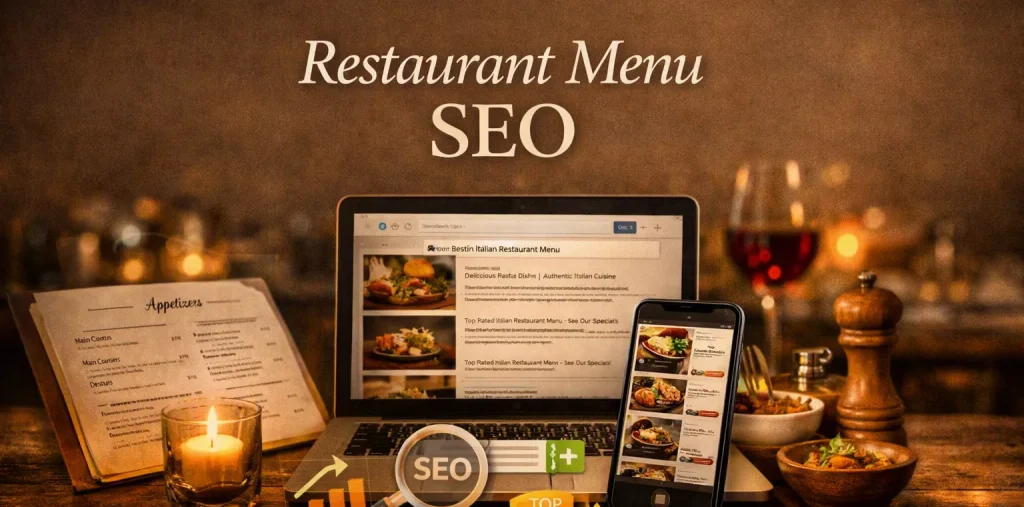 Warm editorial header showing laptop with search results and printed restaurant menu on rustic table, symbolizing SEO strategy