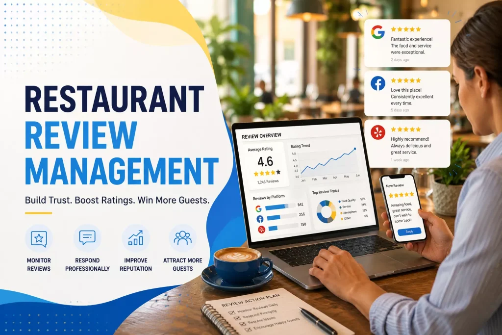 A man sitting at a computer showing graphs and charts and large header Restaurant Review Management
