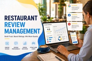 A man sitting at a computer showing graphs and charts and large header Restaurant Review Management
