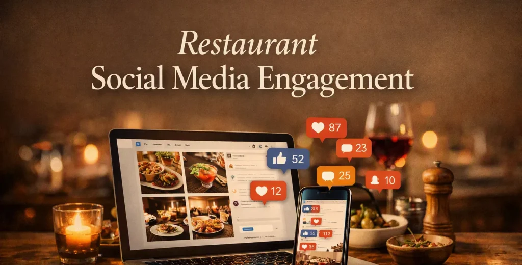 Warm editorial header showing laptop and phone with restaurant social media notifications on a rustic table