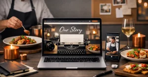 Contemporary restaurant storytelling header featuring a chef plating food beside a laptop and smartphone displaying “Our Story,” symbolizing digital brand storytelling for The Forking Group.