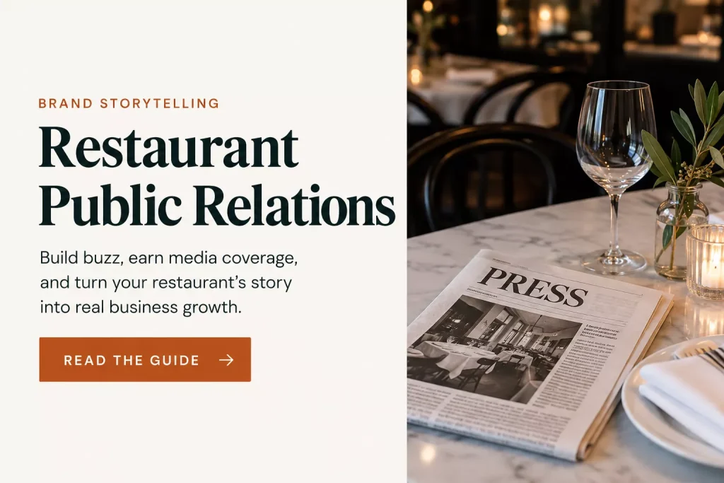 A call to action column on left Restaurant Public Relation in blacl, read the guide a red buttton, and a newspaper sitting on a dingng table on the left