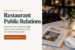 A call to action column on left Restaurant Public Relation in blacl, read the guide a red buttton, and a newspaper sitting on a dingng table on the left