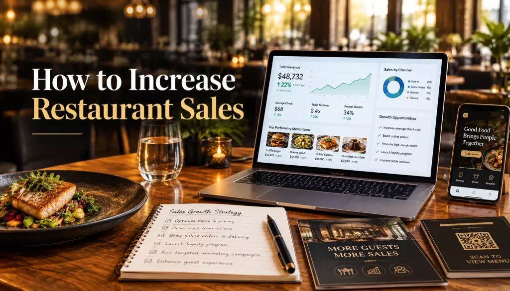 Restaurant sales growth strategy featuring a laptop with restaurant revenue analytics, smartphone marketing promotions, menu optimization, loyalty programs, online ordering, and digital marketing tactics designed to increase restaurant sales, average check size, and repeat customer visits.