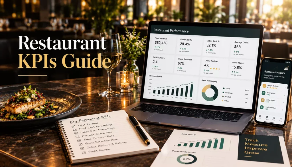 Restaurant KPI dashboard featuring revenue analytics, food cost, labor cost, average check, table turnover, customer retention, online reviews, and profitability metrics to help restaurant owners measure performance and drive sustainable growth.