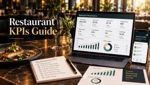 Restaurant KPI dashboard featuring revenue analytics, food cost, labor cost, average check, table turnover, customer retention, online reviews, and profitability metrics to help restaurant owners measure performance and drive sustainable growth.