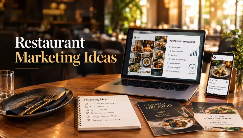 Restaurant marketing ideas featuring a laptop and smartphone displaying social media campaigns, email marketing, local SEO, loyalty programs, influencer partnerships, and promotional strategies to attract new customers and increase restaurant revenue.
