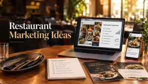 Restaurant marketing ideas featuring a laptop and smartphone displaying social media campaigns, email marketing, local SEO, loyalty programs, influencer partnerships, and promotional strategies to attract new customers and increase restaurant revenue.
