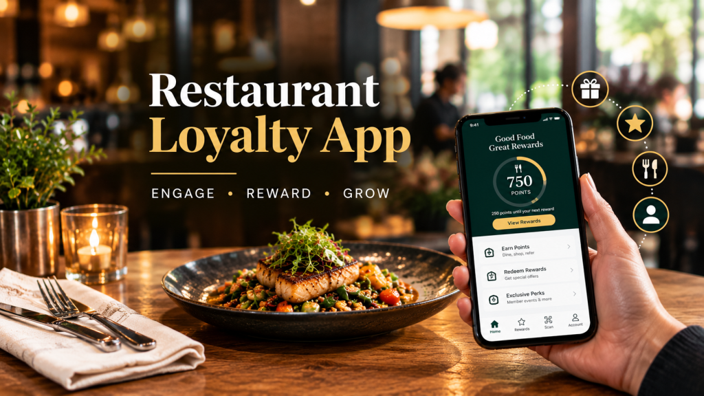 Restaurant loyalty app featuring a mobile rewards program with points tracking, exclusive offers, digital rewards, and customer engagement tools designed to increase repeat visits, customer retention, and restaurant revenue.