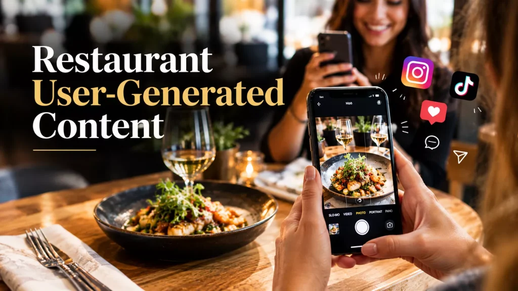 Restaurant user-generated content featuring diners photographing food and sharing restaurant experiences on social media, highlighting customer-created photos, reviews, and videos that build brand awareness, trust, and engagement.