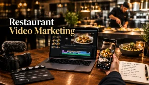 A header image displaying the inside of a restaurant, a desk with a computer, a Take video broad, and a man watching the video on a mobile phone.